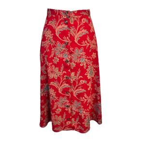 Vintage Lizsport Skirt sz 14 Red Blue Gold Floral Button Front Midi A Line Boho